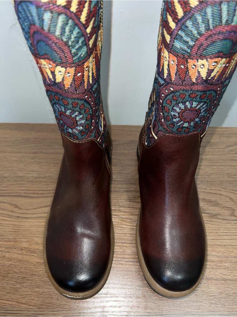 Tall Leather Tapestry Boots Women’s 39 (8.5) Boho Zip - Picture 5 of 10